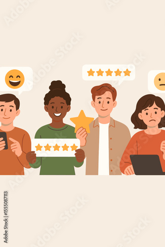 Diverse customers giving feedback, rating satisfaction, leaving reviews, five star rating, service evaluation, customer experience, online survey, testimonial, opinion, vector illustration