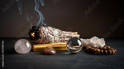 sage bundle smudging with smoke and crystals on a dark stone background, representing meditation, cleansing, and spiritual practices