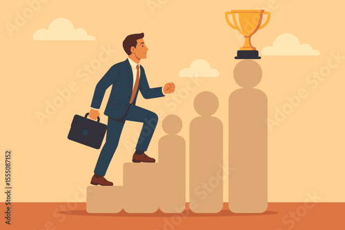 Ambitious Businessman Climbing Human-Shaped Steps Toward Trophy, Corporate Ladder Success, Career Growth, Achievement, Leadership, Goal Accomplishment, Motivation, Vector Illustration