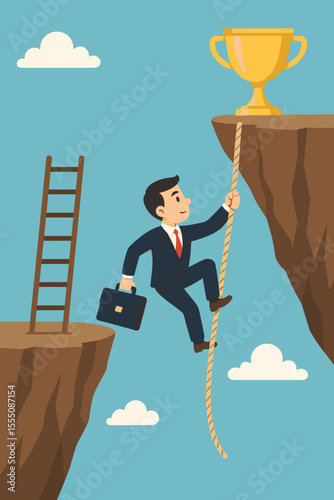 Businessman Climbing Rope Over Cliff to Trophy Success, Overcoming Challenges, Hard vs Easy Path, Ambition, Achievement, Career Growth, Leadership, Motivation, Vector Illustration