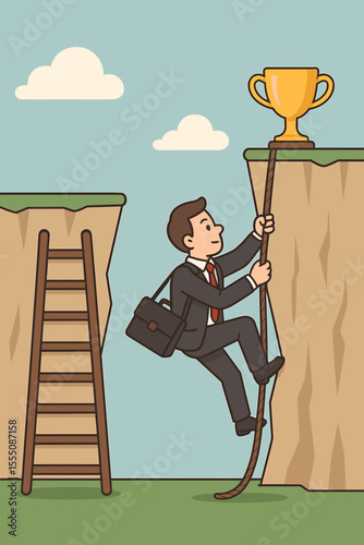 Businessman Climbing Rope Over Gap Toward Trophy, Success and Challenge Metaphor, Overcoming Obstacles, Hard Versus Easy Path, Achievement, Motivation, Career Ambition, Vector Illustration