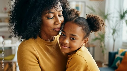 loving bond between black woman and young girl sharing a warm embrace in a cozy, sunlit living room, symbolizing family connection and affection