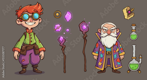 Cartoon fantasy character set with a young inventor boy and an old wizard on a grey background
