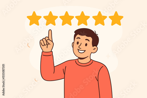 Five star customer review rating concept. Positive feedback illustration. Man pointing at stars. Excellent satisfaction. Quality service evaluation. User experience. Testimonial. Vector art