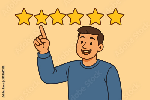 Customer review five star rating illustration. Man pointing at stars. Positive feedback concept. Excellent service satisfaction. Quality evaluation. Client testimonial. User experience rating.