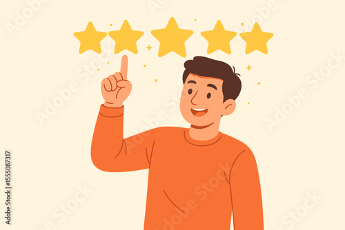 Five Star Customer Review Concept. Happy Man Pointing to Five Stars. Positive Feedback. High Satisfaction. Quality Service Rating. Client Testimonial. Excellent Experience. Vector Illustration