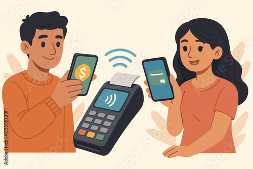 Contactless payment technology with people using smartphones as digital wallets, NFC wireless transaction, mobile banking, cashless purchase, modern finance, POS terminal illustration vector