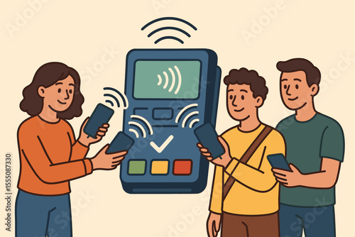 Contactless payment technology vector. People using smartphones as digital wallets for wireless transactions. Modern fintech, NFC, mobile banking, e-wallet, cashless society, convenience, POS terminal