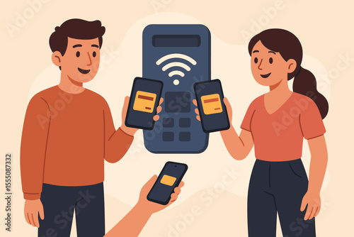Contactless payment technology illustration with people using smartphones as digital wallets, NFC wireless transaction, modern mobile banking, secure electronic finance, cashless society vector