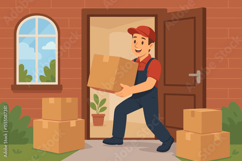 Smiling delivery worker carrying moving boxes into new home entrance. Relocation service, courier, residential delivery, moving day, unpacking, logistics, transportation vector illustration