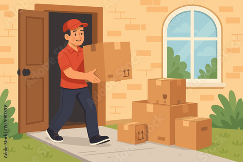 Moving Service Delivery Worker Carrying Cardboard Boxes to New Home Entrance, Relocation Logistics, Residential Moving Day Concept, Package Shipping, Courier Unloading Parcels, Vector Illustration
