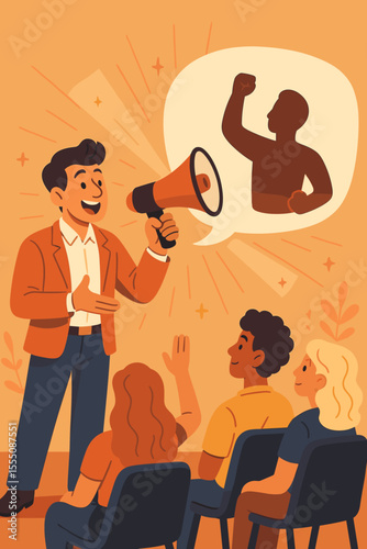 Motivational Speaker Inspiring Diverse Audience with Megaphone, Leadership Communication, Empowerment, Public Speaking, Team Motivation, Business Presentation, Vector Illustration