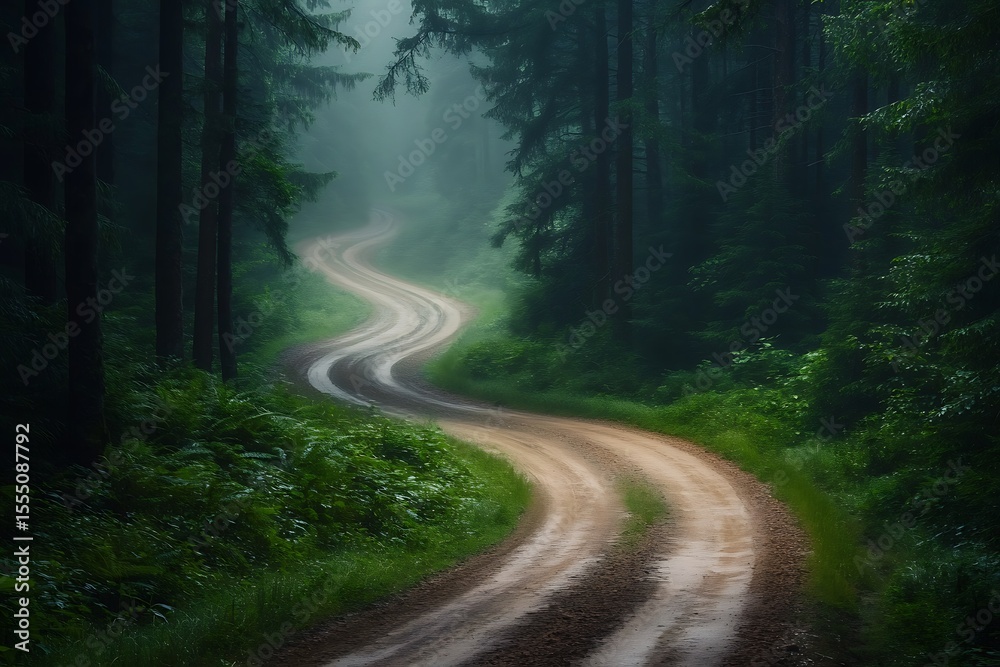 Obraz premium Winding dirt road through a misty dark green pine forest with lush foliage