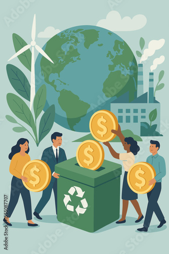 Sustainable investment for clean environment, people donating money for eco-friendly industry, renewable energy, recycling, green economy, global climate action, environmental protection vector