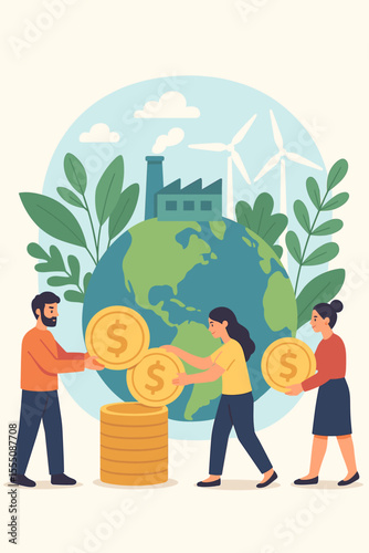 Sustainable finance investment for clean environment, eco-friendly industry funding, people paying green fee, renewable energy, wind turbines, global economy, environmental responsibility
