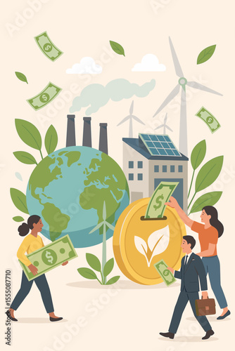 Sustainable investment for clean environment and green industry. People funding renewable energy, eco-friendly business, climate action. Solar, wind power, earth, money, environmental finance