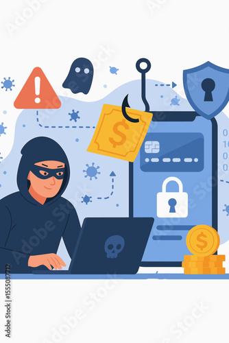 Cybersecurity Threats in Online Banking. Hacker Stealing Financial Data. Digital Theft, Phishing Attack, Data Breach, Internet Fraud, Security Warning, Malware, Cybercrime, Secure Payment Concept