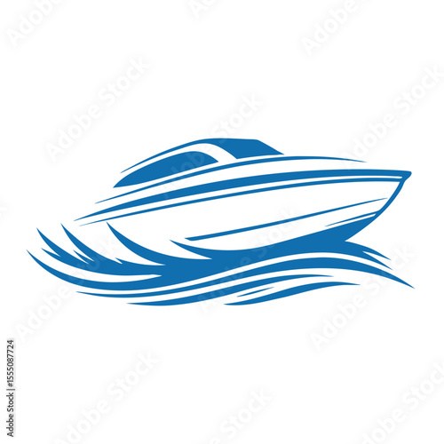 Sleek blue speedboat cutting through stylized waves water