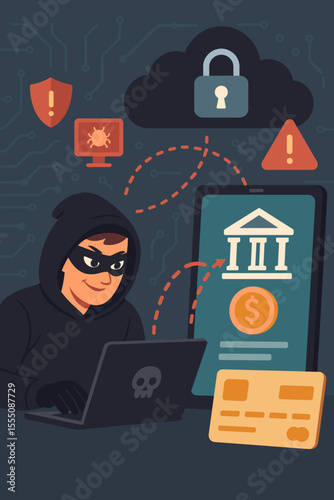 Cybercrime Hacker Stealing Online Banking Data. Digital Theft, Financial Fraud, Phishing Attack, Credit Card Scam, Cybersecurity Risk, Malware, Data Breach, Internet Security Vector Illustration