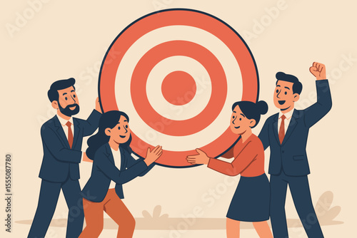 Business Teamwork Achieving Goals, Diverse Group Holding Large Bullseye Target, Success Collaboration, Reaching Objectives, Corporate Strategy, Motivation, Leadership, Partnership, Vector Illustration
