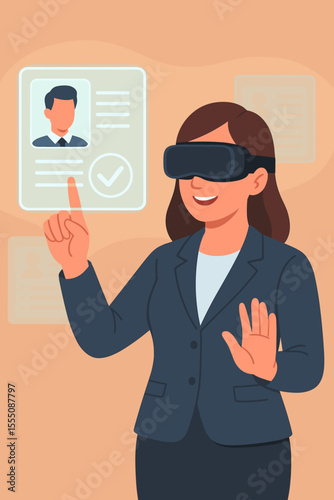 Human resources manager selecting candidate via virtual reality interface. Modern HR technology, digital recruitment, online hiring process, futuristic businesswoman, virtual screening concept