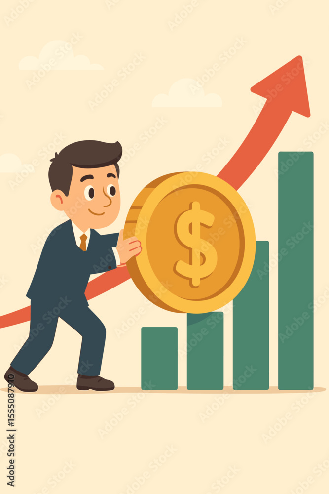 Businessman pushing gold coin up bar chart with upward arrow, financial investment, profit growth, income increase, economic success, wealth management, business finance concept illustration Businessman pushing gold coin up bar chart with upward arrow, financial investment, profit growth, income increase, economic success, wealth management, business finance concept illustration