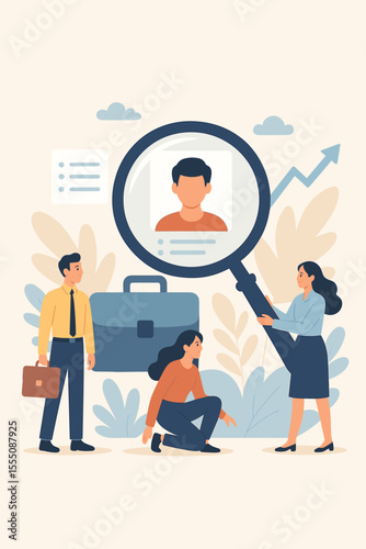 Job search and recruitment concept with employees analyzing candidate profiles using magnifying glass, exploring employment opportunities, career growth, hiring process, human resources, teamwork