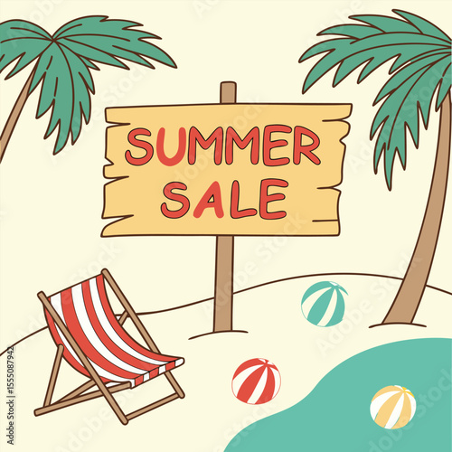 Summer Sale Sign with Beach Chair Palm Trees and Beach Balls