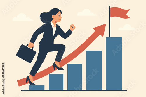Ambitious businesswoman climbing career ladder, achieving professional success and leadership, growth mindset, motivation, reaching goals, upward progress, business achievement, vector illustration