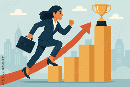 Ambitious businesswoman climbing career ladder to success, achieving goals, leadership, growth, professional achievement, motivation, determination, trophy reward, upward progress, city background