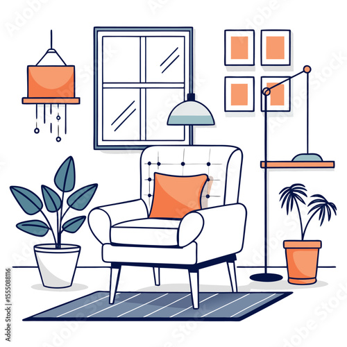 Hand drawing modern living room with white background, sketch line art, Line drawing of furniture for living room interior with chair lamp and potted plant, large windows,Modern interior and furniture