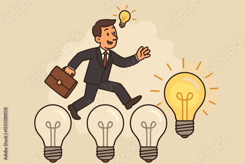 Businessman walking on light bulbs searching for creative ideas and innovation, concept of business strategy, leadership, solution, inspiration, cartoon vector illustration, problem solving success