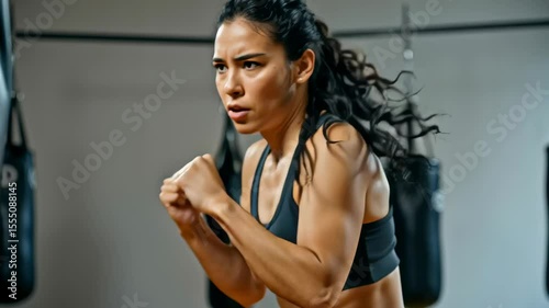 young woman training in a gym with boxing equipment, practicing punches and improving strength and technique during a workout session focused on fitness and self-defense