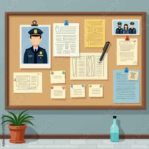 Detective board with police profile photo, clues, documents and notes pinned for investigation case.