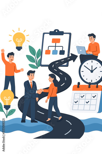 Startup business journey concept. Teamwork, handshake partnership, idea brainstorming, project planning, time management, workflow organization, success path. Vector illustration for entrepreneurs