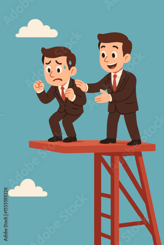 Nervous businessman on high platform, supportive leader encouraging to overcome fear, achieve goal, teamwork, motivation, risk-taking, business challenge, success concept, vector illustration