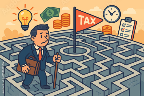 Businessman Navigating Tax Maze Challenge. Financial Compliance, Tax Return, Accounting Problem, Small Business Owner, Money Management, Deadline, Confusion, Vector Cartoon Illustration
