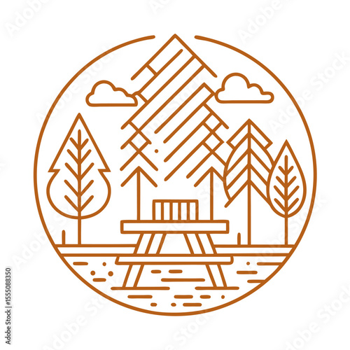 Trees, picnic table or bbq concept. Line pattern. Forest icon. Wood, timber. Trees and leaf. Vacation, holiday logo. Walking area. Nature reserve sign.

