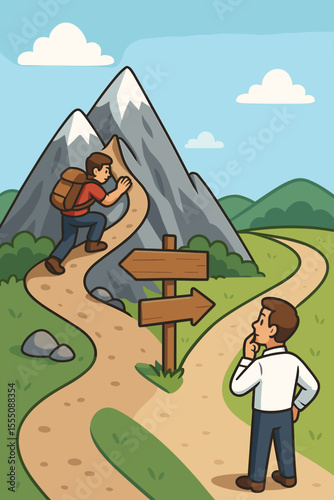 Decision making at crossroads concept. Cartoon man chooses between difficult mountain climb or easy path. Overcoming obstacles, challenge versus comfort, success journey metaphor, vector illustration