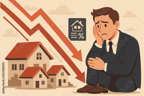 Real estate market crash concept. Investor worried about falling property values, declining house prices, mortgage risk, financial crisis, housing bubble burst, economic downturn vector illustration