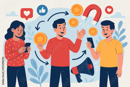 Referral program and social media marketing concept, cartoon people sharing rewards and coins, digital influencer promotion, friend referral network, online engagement and loyalty illustration