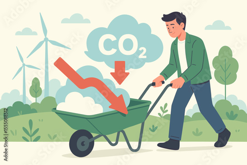 Eco-friendly lifestyle reducing carbon emissions, sustainable energy, CO2 decrease, renewable wind power, environmental conservation, green technology, climate action, flat vector illustration