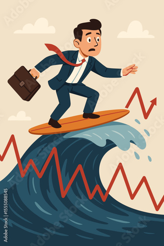 Businessman Surfing Financial Market Volatility, Navigating Investment Risks and Opportunities, Riding Economic Waves, Stock Market Growth and Decline Concept, Vector Illustration