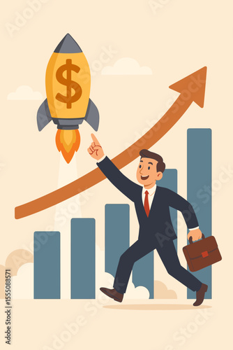Businessman Ignites Dollar Rocket for Explosive Revenue Growth, Financial Success, Profit Increase, Investment Opportunity, Upward Bar Chart, Economic Progress, Cartoon Vector Illustration