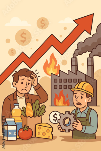 Economic inflation crisis concept. Rising consumer goods prices, increased production costs, financial instability. Factory pollution, food cost, worried consumer, industry worker. Vector illustration