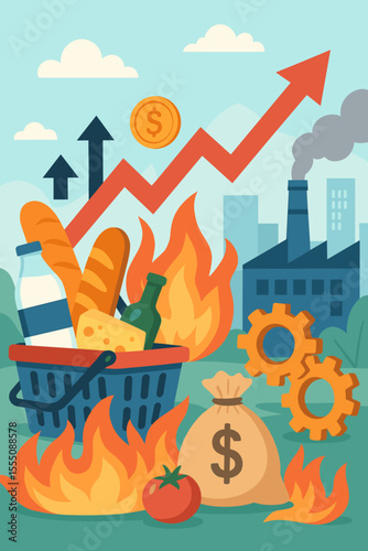Economic inflation crisis concept. Rising consumer goods prices, production costs, food basket, burning money, factory pollution, financial instability, cost of living increase, vector illustration