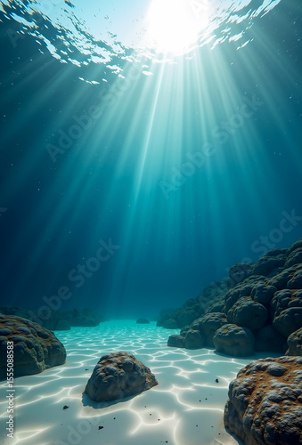 A high-resolution underwater view showcasing sunlight forming vibrant caustic patterns over a textured sandy seabed, scattered with natural stones, pebbles, and gently floating particles.