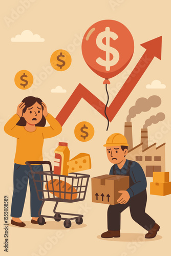 Inflation and Economic Instability Concept. Rising Consumer Goods Prices, Increased Production Costs, Food Price Hike, Supply Chain Crisis, Factory Emissions, Financial Stress Vector Illustration