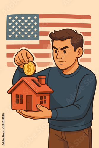 American Dream Home Savings Concept. Man Depositing Gold Coin in House Piggy Bank with USA Flag. Real Estate Investment, Mortgage Finance, Property Ownership, Financial Planning Vector Illustration