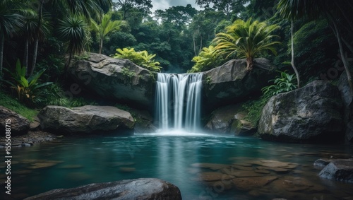 A serene waterfall in a lush jungle setting with large rocks and vibrant green foliage.